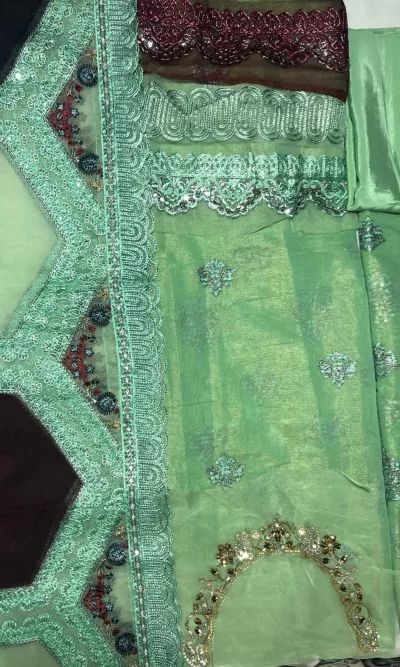 Masori, Unstiched, Embroidered, Suit with Net Dupatta (Green)