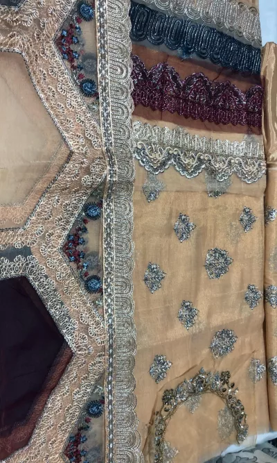 Masori, Unstiched, Embroidered, Suit with Net Dupatta (Light Brown)