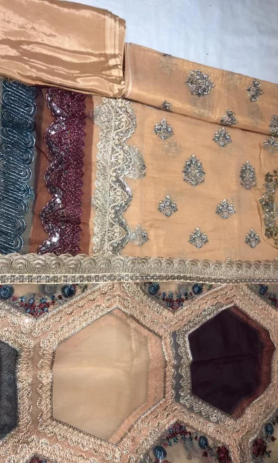 Masori, Unstiched, Embroidered, Suit with Net Dupatta (Orange)