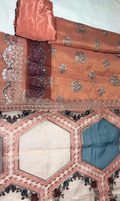 Masori, Unstiched, Embroidered, Suit with Net Dupatta (Rose Pink)