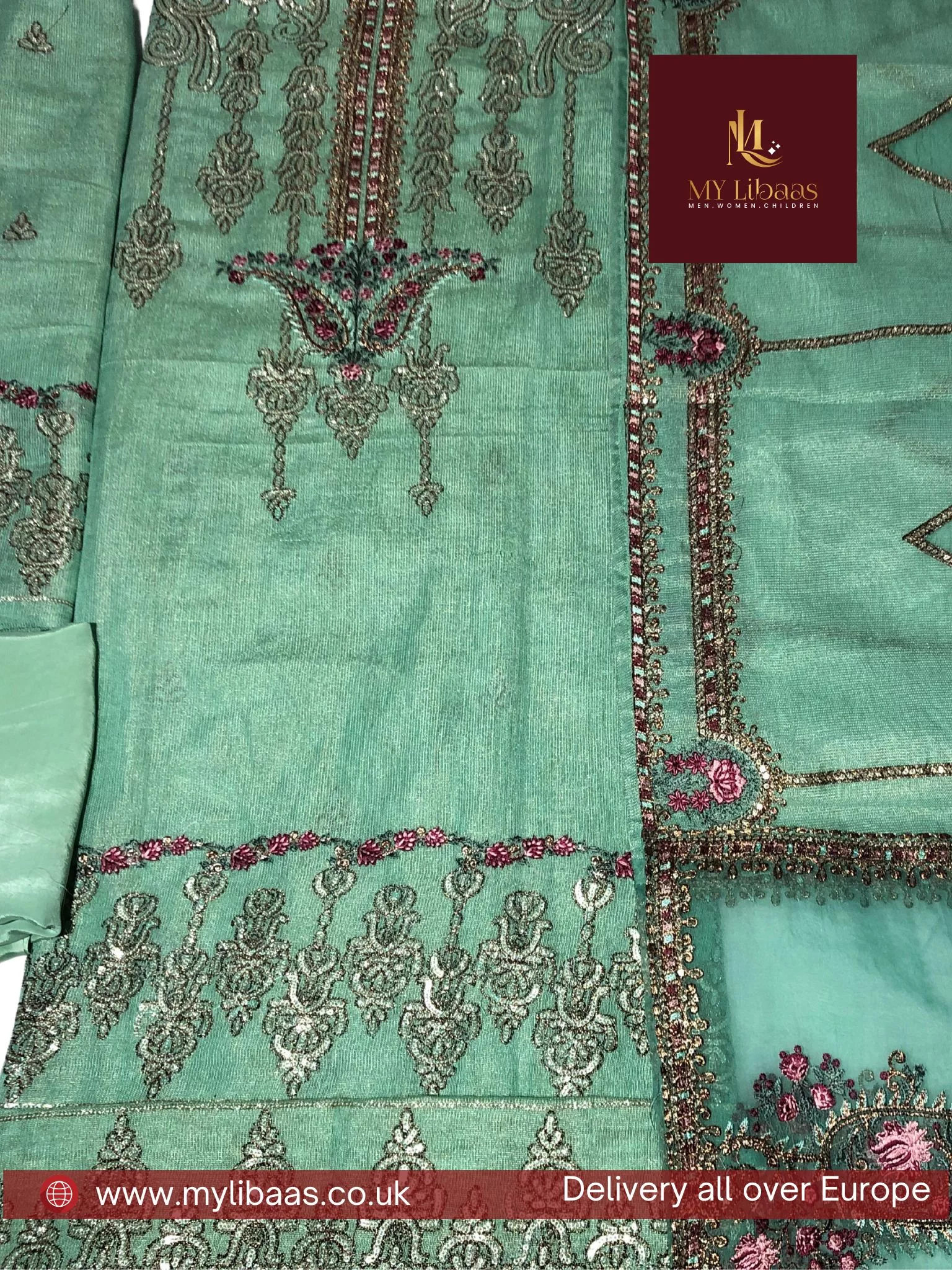 Pure Khaddi Unstitched Embroidered Suit (Light Green) - Image 3