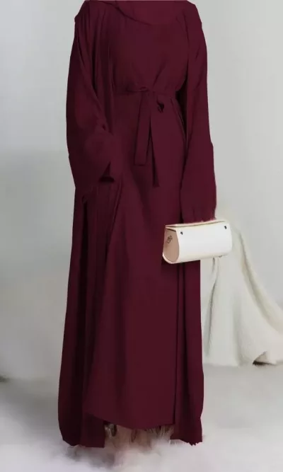 Elegant Sash Abaya For Women - Muslim Long Dress (Dubai Style) - High Quality Materia-Maroon