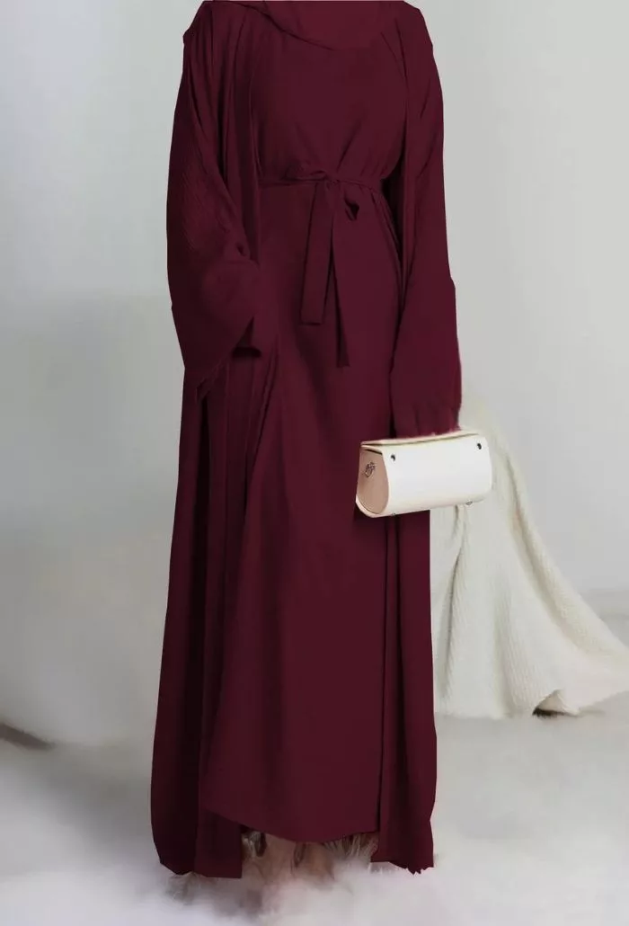 Elegant Sash Abaya For Women - Muslim Long Dress (Dubai Style) - High Quality Materia-Maroon